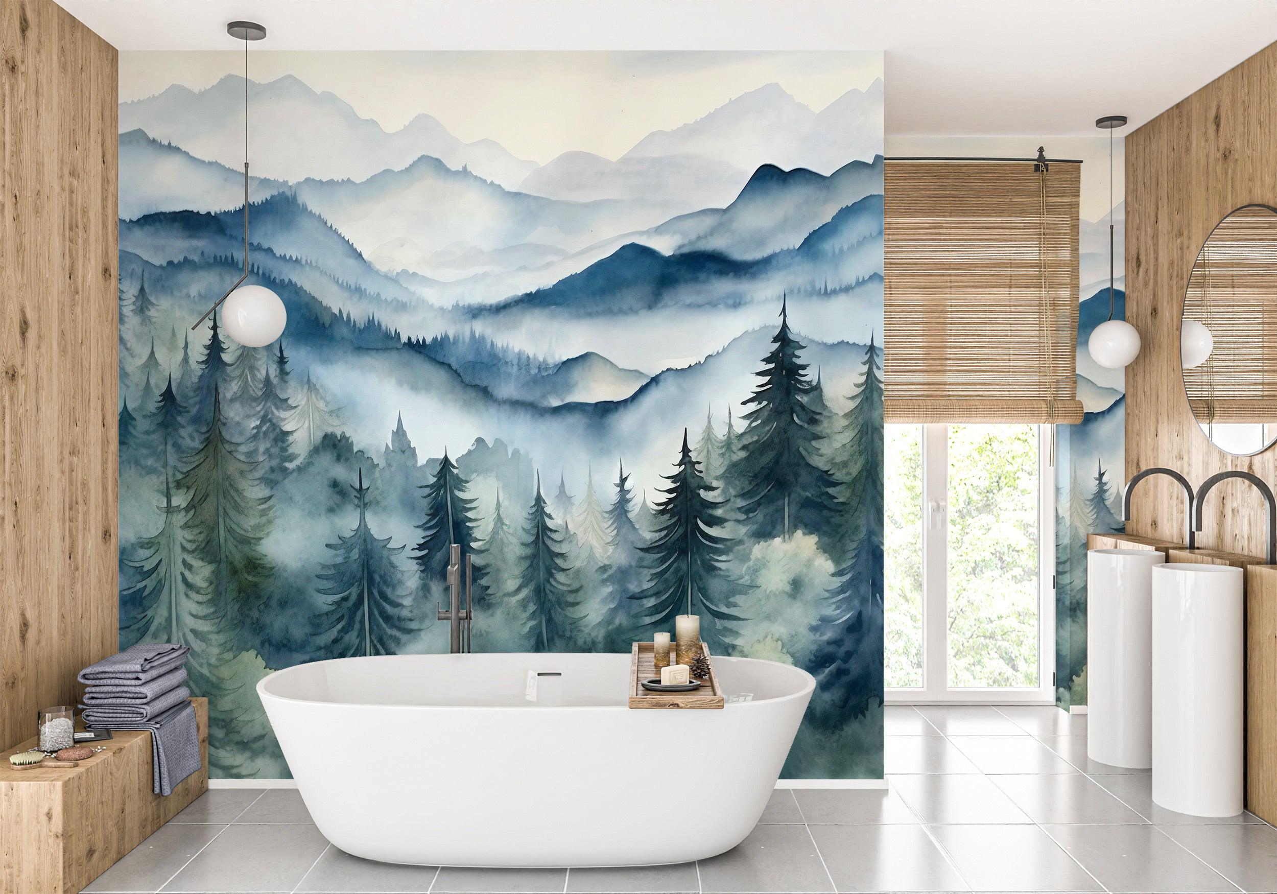 Watercolor Mountain Mural Peel and Stick Foggy Forest Wallpaper Blue ...
