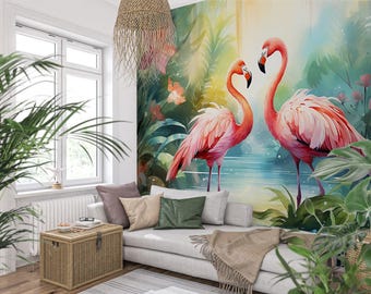 Pink Flamingo Wall Mural Nursery Tropical Wallpaper Watercolor Paradise Girls Room Bird Wall Decor