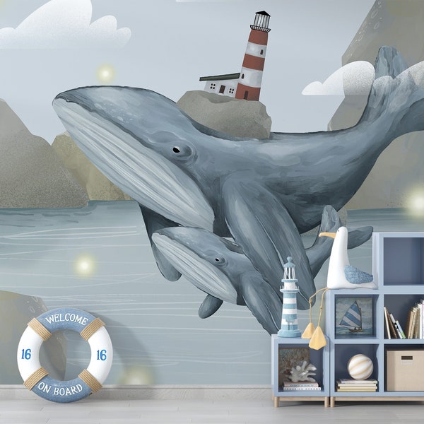 Magical Lighthouse Mural | Marine Nursery | Kids Sea Animal Wallpaper | Mountains Peel & Stick Ocean Wall Decor | Children's Whale Wall Art