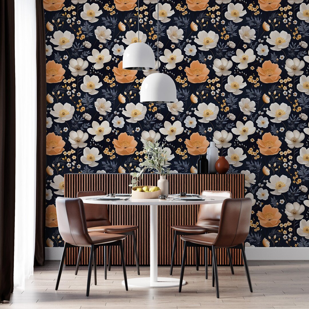 Dark Floral Wallpaper Orange and White Flower Pattern Botanical Peel ...