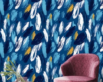 Papel pintado abstracto con pinceladas azules, decoración artística y colorida para pared