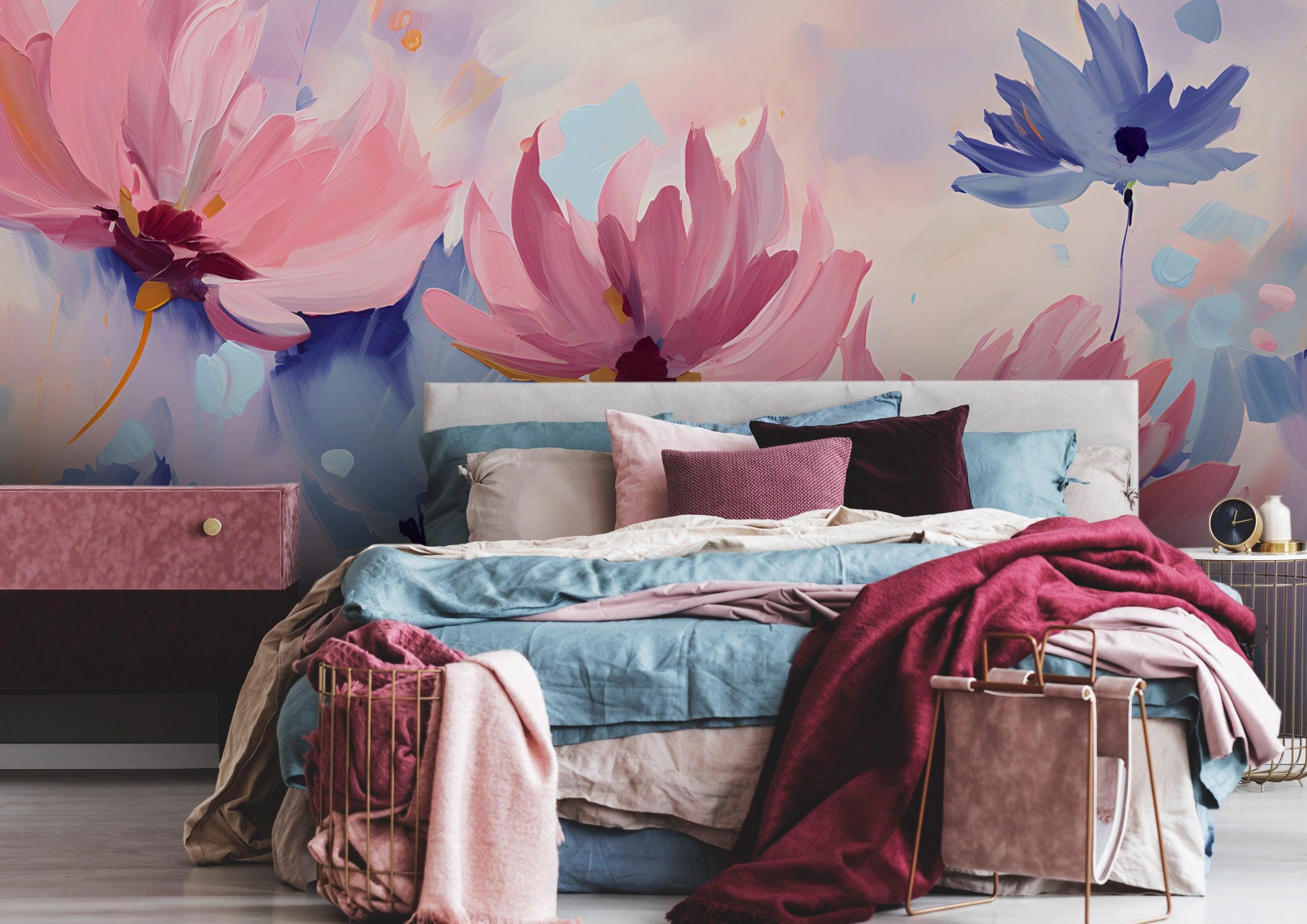Abstract Pink and Blue Flower Mural Floral Oil Painting Wallpaper Wall ...