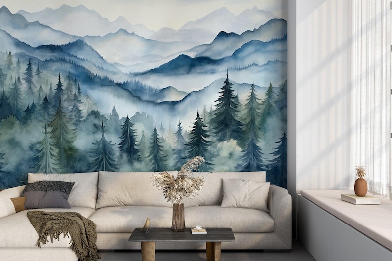 Watercolor Mountain Mural Peel and Stick Foggy Forest Wallpaper Blue ...