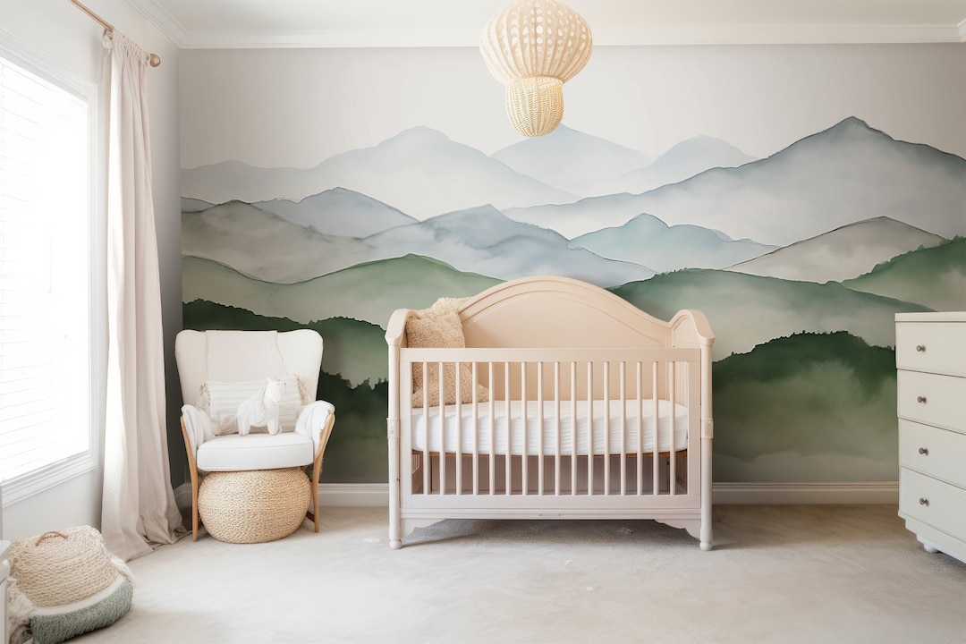 Watercolor Mountain Mural Nursery Green Hills Peel and Stick Wallpaper ...
