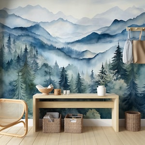 Watercolor Mountain Mural Peel and Stick Foggy Forest Wallpaper Blue ...