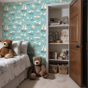 Blue Boat Wallpaper | Nautical Wallpaper for Kids | Coastal Nursery Wallpaper | Removable Sailboat Wall Decor | Classic Marine Baby Boy Room