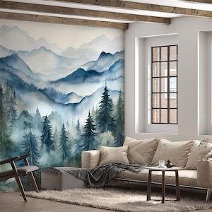 Watercolor Mountain Mural Peel and Stick Foggy Forest Wallpaper Blue ...