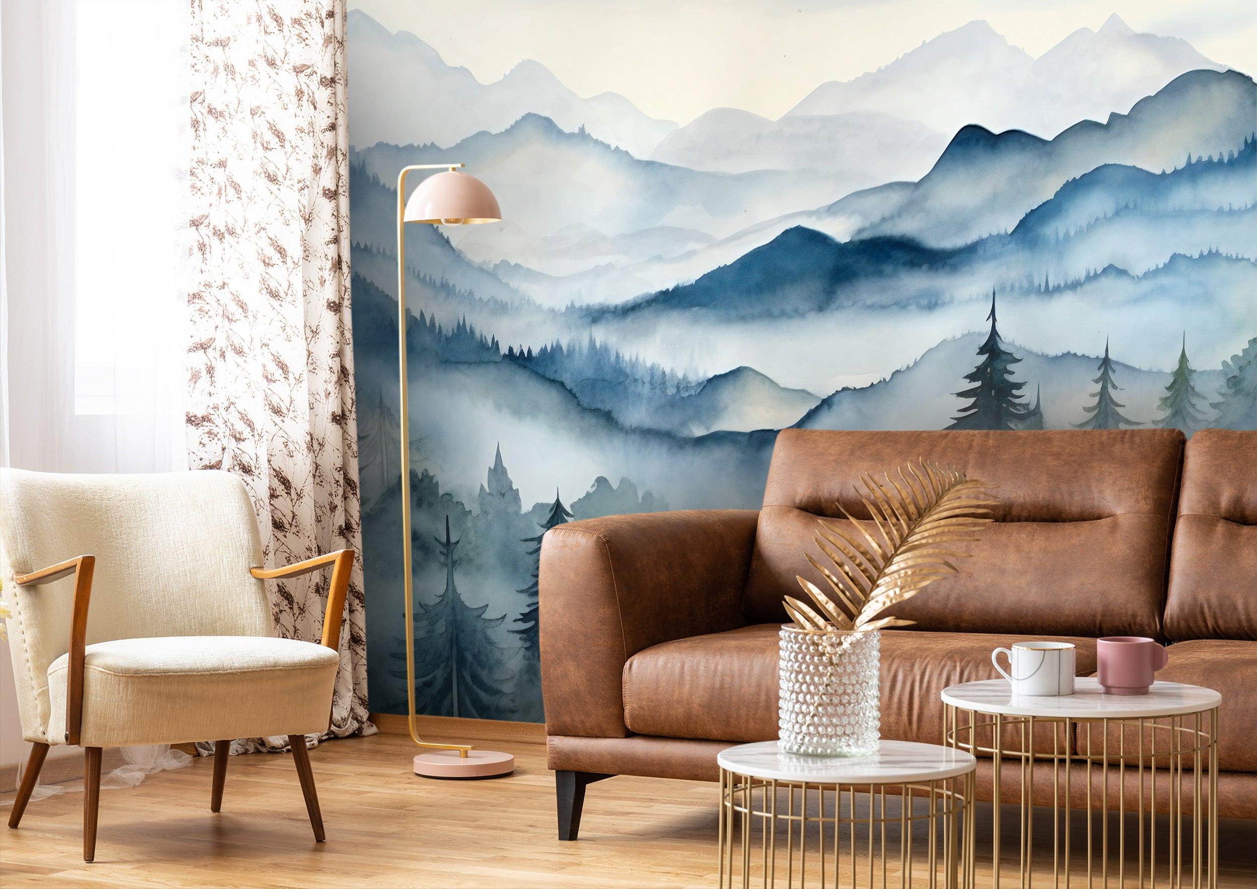 Watercolor Mountain Mural Peel and Stick Foggy Forest Wallpaper Blue ...