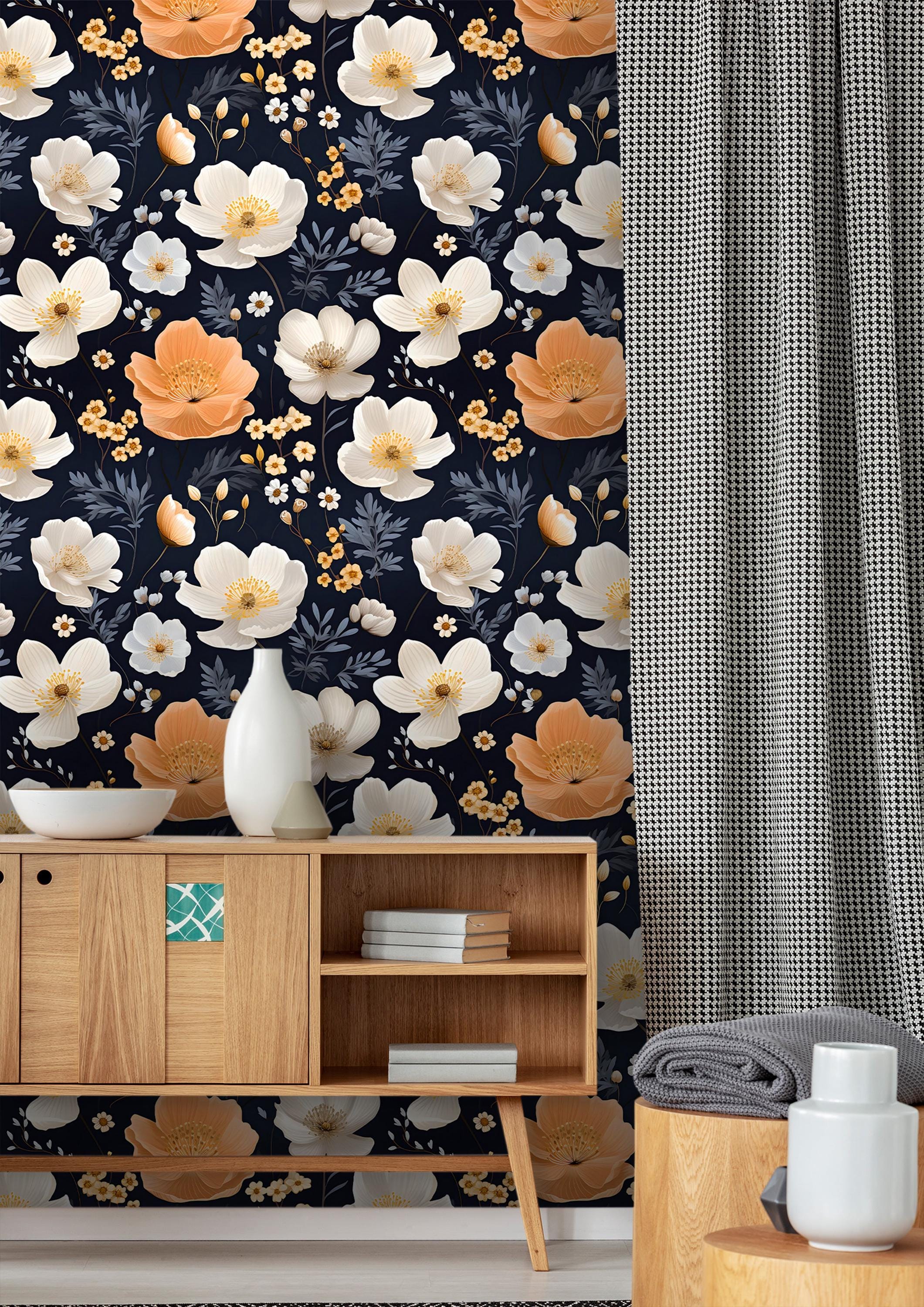 Dark Floral Wallpaper Orange and White Flower Pattern Botanical Peel ...