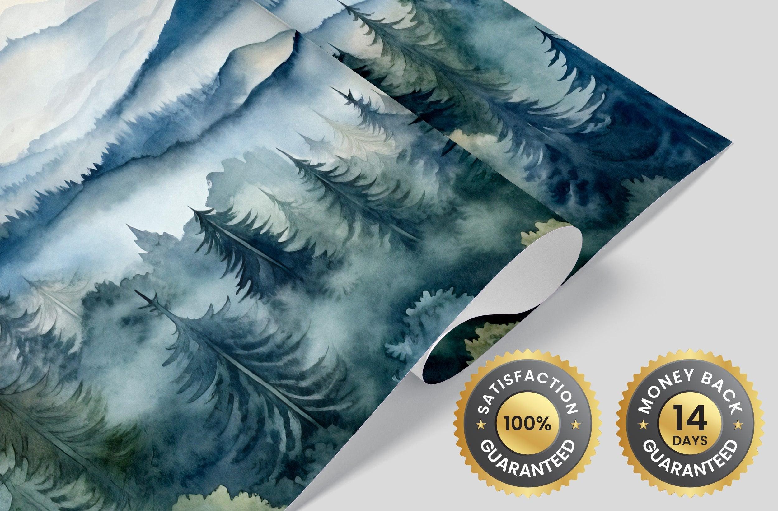 Watercolor Mountain Mural Peel and Stick Foggy Forest Wallpaper Blue ...