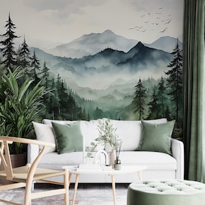 Foggy forest & mountain wall mural
