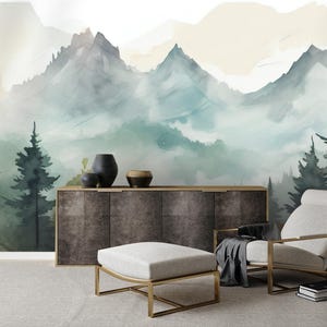 Misty forest & mountain mural