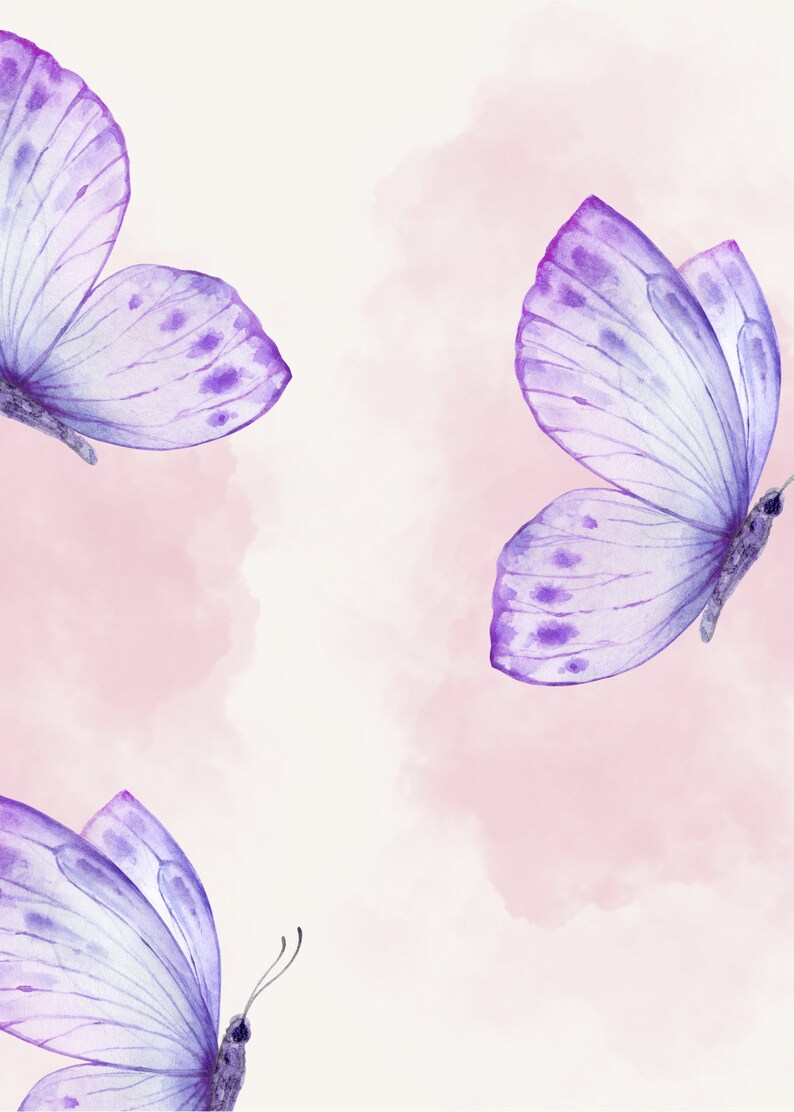K&ouml;nnte beinhalten: Drei Aquarell-Schmetterlinge mit lila und wei&szlig;en Fl&uuml;geln auf rosa Hintergrund.