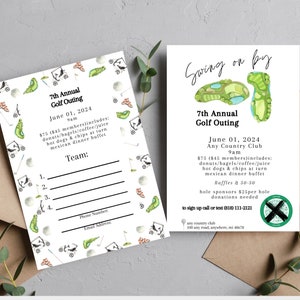 May include: A white flyer with green and white golf-themed illustrations. The flyer advertises the 7th Annual Golf Outing on 1 June 2024 at Any Country Club. The flyer includes details about the event, including the cost, what is included, and how to sign up.