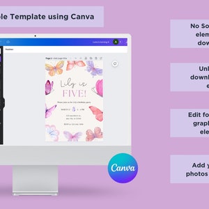 K&ouml;nnte beinhalten: Ein Computerbildschirm zeigt eine Canva-Vorlage f&uuml;r eine Geburtstagseinladung. Die Einladung zeigt ein Aquarelldesign mit Schmetterlingen und dem Text "Lily ist F&Uuml;NF!"