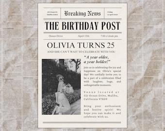 Birthday Post Invitation, newspaper invite template, editable birthday invite