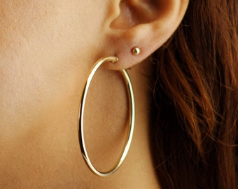 Boucles d'oreilles oversize en or 14 carats résistant à la ternissure 50 mm, Créoles creuses en or 14 carats, Créoles épaisses en or, Grandes boucles d'oreilles tube