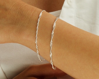 925 Sterling Silver Twisted Chain Bracelet, Silver Singapore Chain Bracelet, Real Silver Bracelet, Minimalist Bracelets