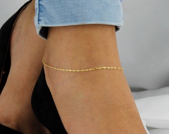 10k Solid Gold Twisted Chain Anklet, Dainty Gold Anklet, Simple Gold Anklet for Women, Real Gold Anklet, Singapore Chain Anklet