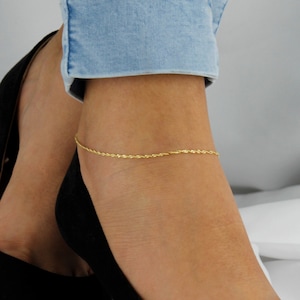 10k Solid Gold Twisted Chain Anklet, Dainty Gold Anklet, Simple Gold Anklet for Women, Real Gold Anklet, Singapore Chain Anklet image 1