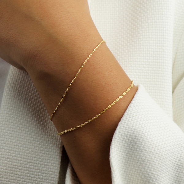 10k Solid Gold Twisted Chain Bracelet, Real Gold Bracelet, Dainty Chain Bracelet, Stacking Bracelet Women, Simple Everyday Gold Bracelet