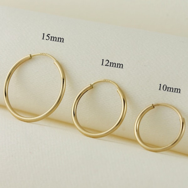 14k Solid Gold Endless Sleeper Hoop Earrings, Real Gold Continuous Hoops 10mm, 12mm, 15mm, Wired Hoop Earrings, Minimalist Small Gold Hoops