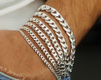 925 Sterling Silver Curb Chain Bracelet, Thick Silver Bracelet 3.8mm, 4.5mm, 5.7mm, 6.7mm, 8.1mm, 9.3mm, Silver Cuban Bracelet