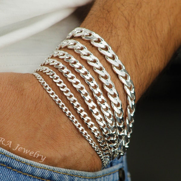 Bracelet gourmette en argent sterling 925, bracelet en argent épais 3,8 mm, 4,5 mm, 5,7 mm, 6,7 mm, 8,1 mm, 9,3 mm, bracelet cubain en argent