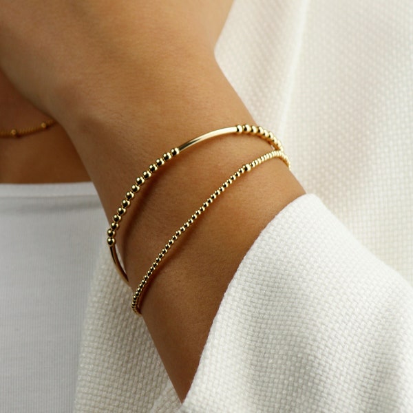 14k Gold gefülltes, anlaufgeschütztes Perlenarmband, dünnes Perlenkugelarmband, zierliche Stapelarmbänder, alltägliches Goldarmband