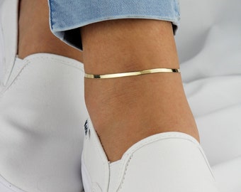 10k Solid Gold Herringbone Anklet, Real Gold Anklet Made In Italy