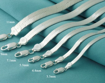 925 Sterling Silver Herringbone Chain Necklace Made in Italy, Real Silver Flat Snake Chain, Thickness 3.5mm, 4.4mm, 5.3mm, 7.1mm, 9mm, 11mm