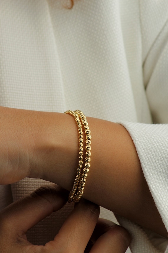 14k Gold Filled Tarnish Resistant Beaded Bracelet, Gold Stacking Bracelet, Hammered Bracelet, Dainty Gold Bracelet