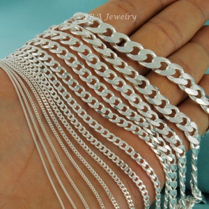 Solid 925 Sterling Silver Curb Chains in different Sizes Held In Hand