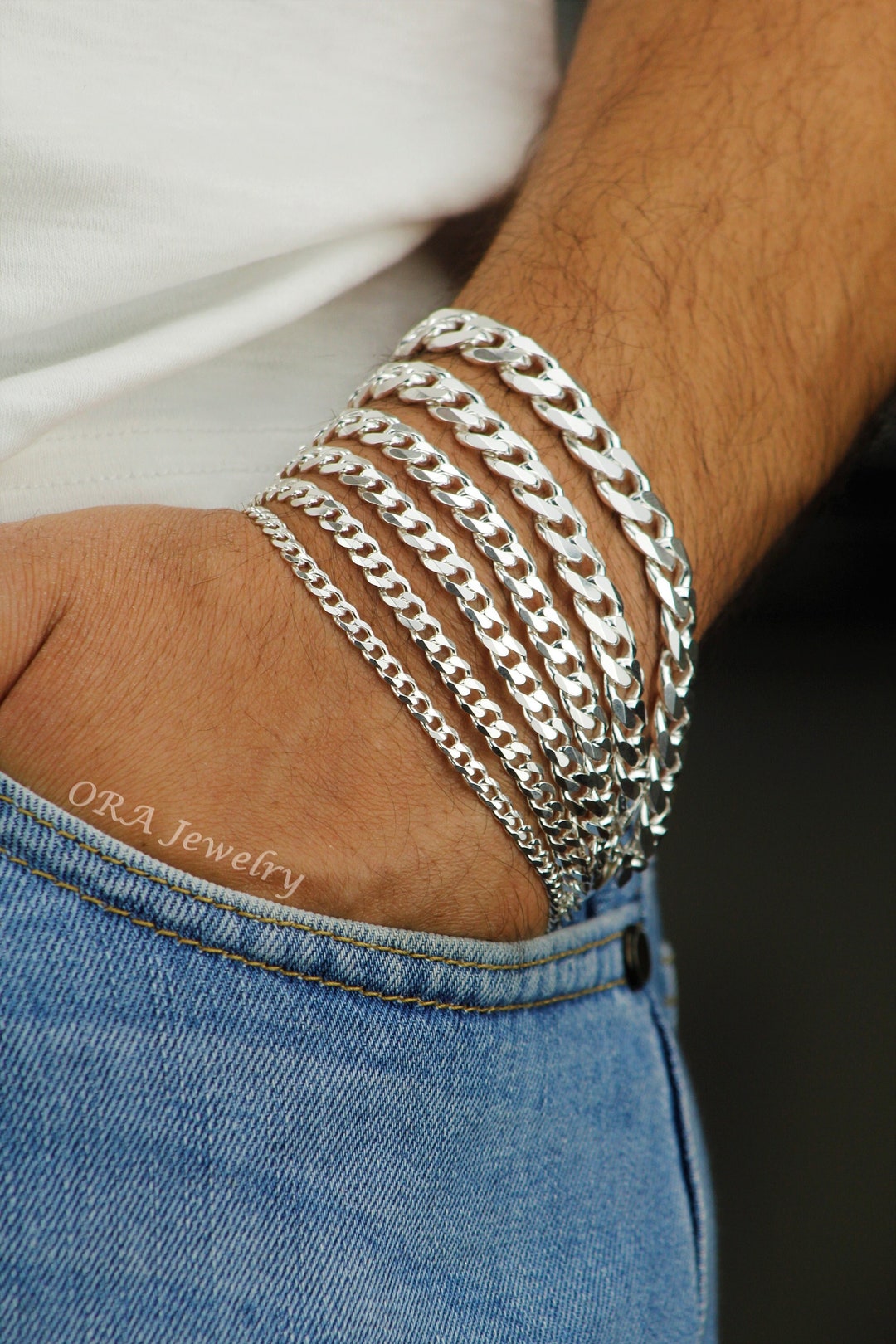925 Sterling Silver Curb Chain Bracelet, Thick Silver 925 Sterling Silver Curb Chain Bracelet, Thick Silver