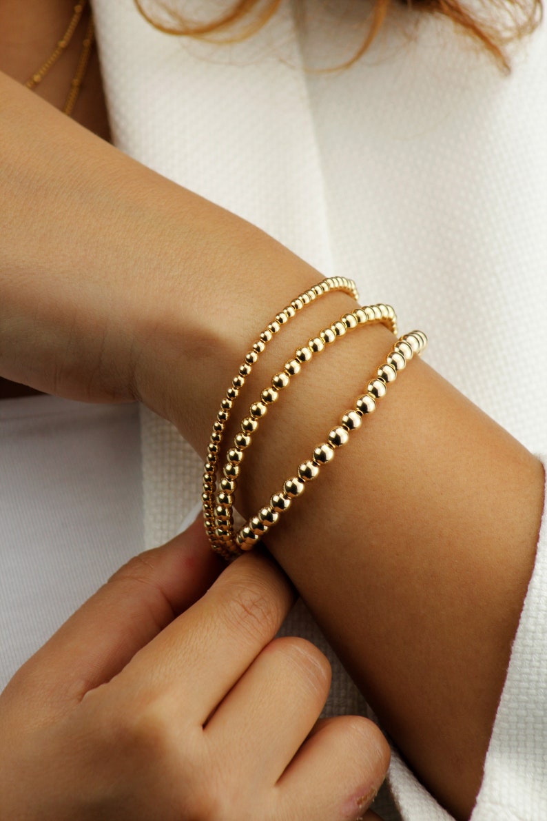 Pulsera de cuentas chapada en oro de 14 k resistente al deslustre, con capas, cuentas chapadas en oro, pulseras apilables, delicada pulsera de bolas de oro imagen 8