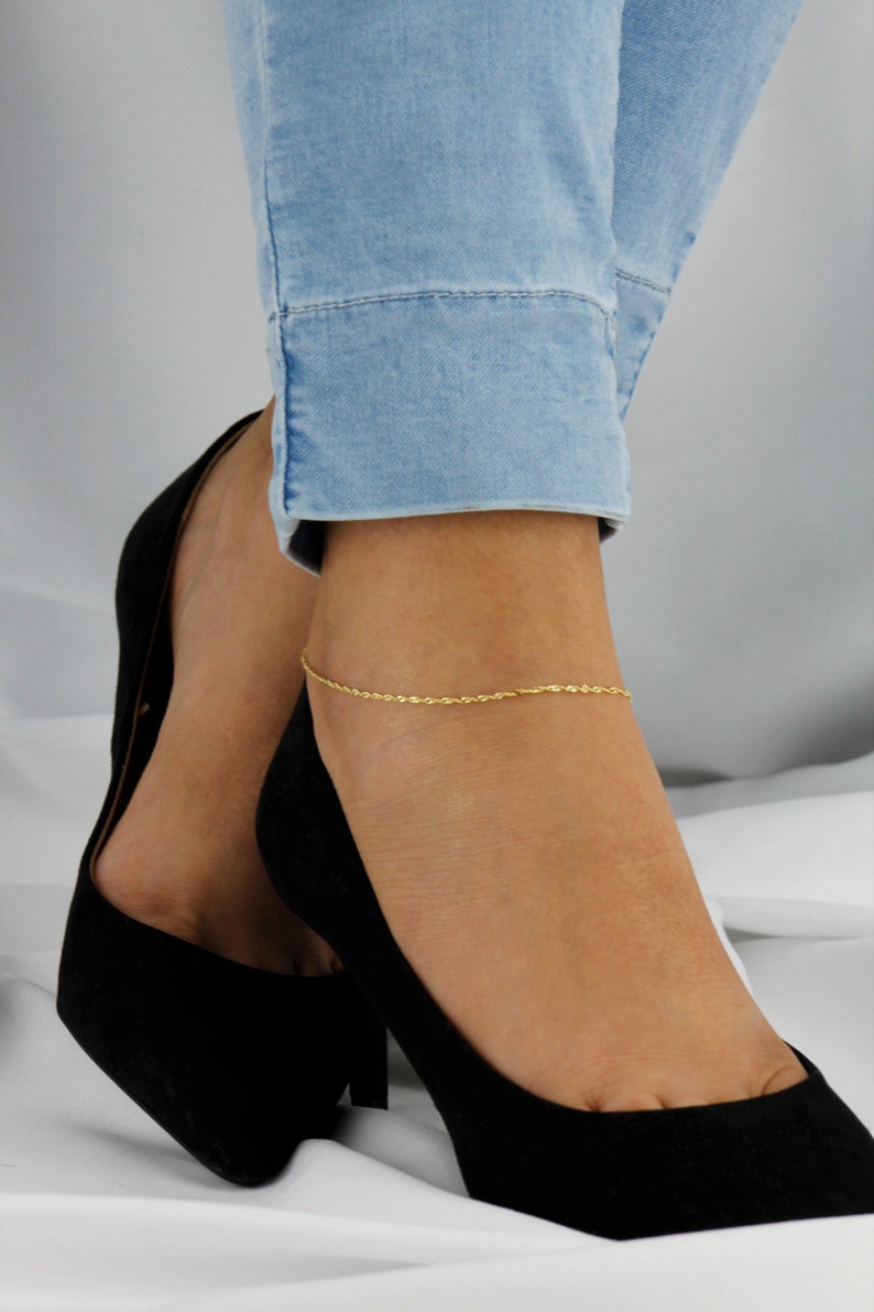 10k Solid Gold Twisted Chain Anklet, Dainty Gold Anklet, Simple Gold Anklet for Women, Real Gold Anklet, Singapore Chain Anklet image 1