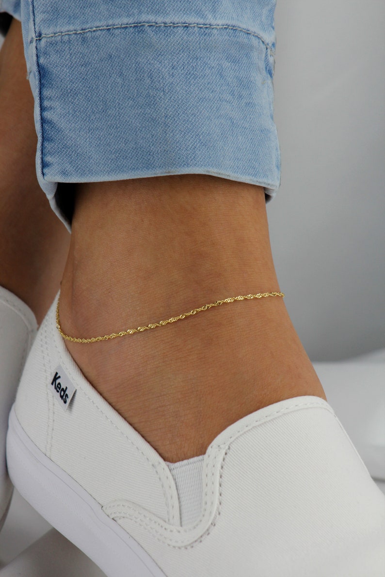 10k Solid Gold Twisted Chain Anklet, Dainty Gold Anklet, Simple Gold Anklet for Women, Real Gold Anklet, Singapore Chain Anklet image 7