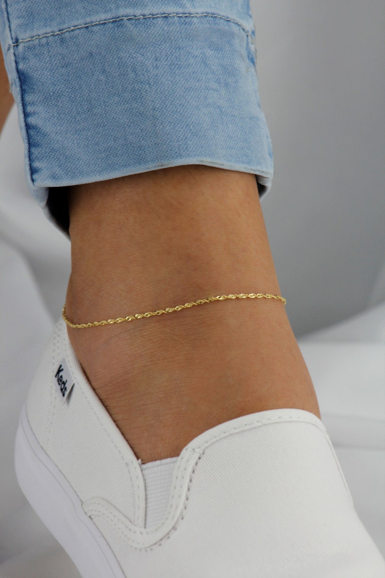 10k Solid Gold Twisted Chain Anklet, Dainty Gold Anklet, Simple Gold Anklet for Women, Real Gold Anklet, Singapore Chain Anklet image 10