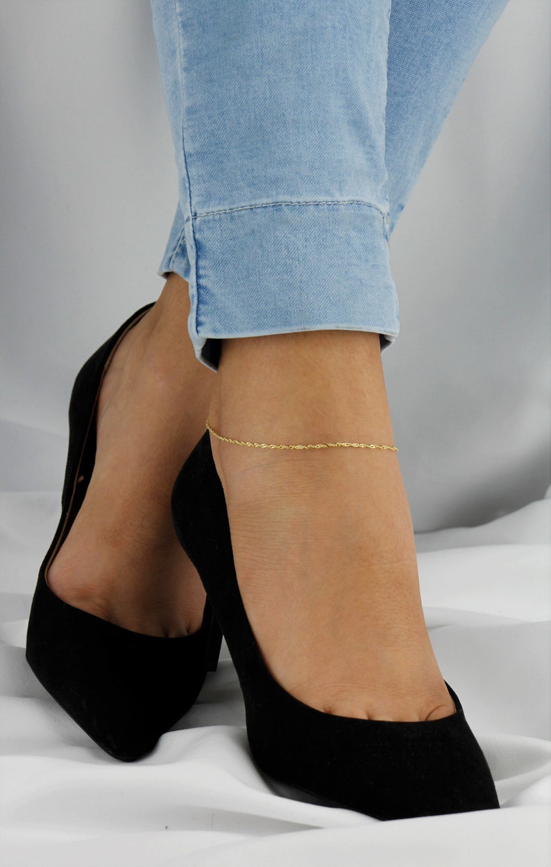 10k Solid Gold Twisted Chain Anklet, Dainty Gold Anklet, Simple Gold Anklet for Women, Real Gold Anklet, Singapore Chain Anklet image 8