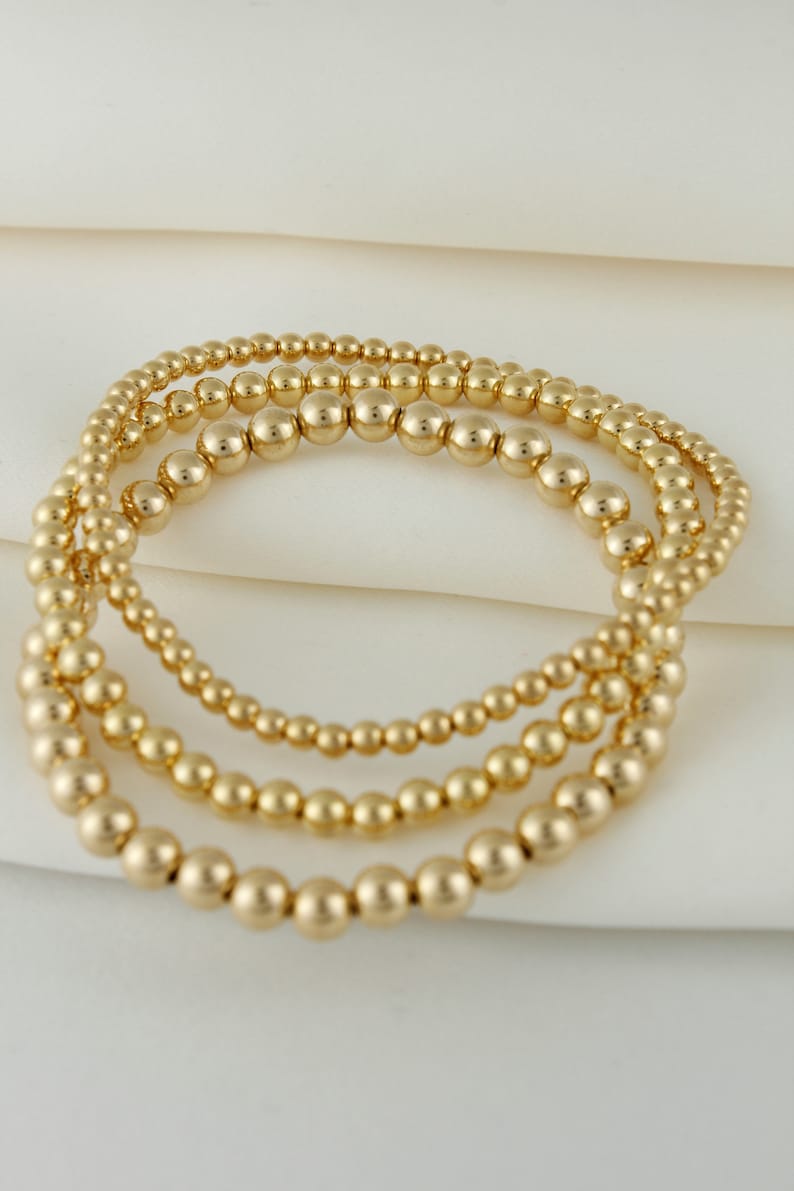 Pulsera de cuentas chapada en oro de 14 k resistente al deslustre, con capas, cuentas chapadas en oro, pulseras apilables, delicada pulsera de bolas de oro imagen 7