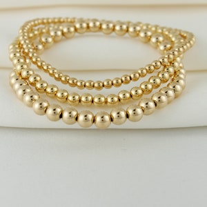 Pulsera de cuentas chapada en oro de 14 k resistente al deslustre, con capas, cuentas chapadas en oro, pulseras apilables, delicada pulsera de bolas de oro imagen 9