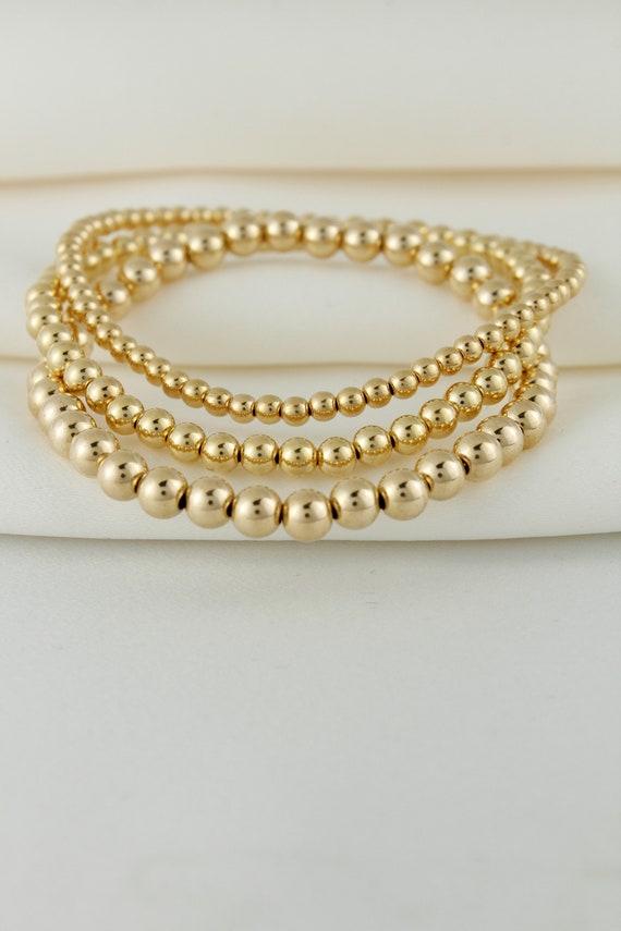 Set Di 5 Braccialetti Elastici Con Perline In Oro 14K, Donne - Impilabili, Cavigliera, Perle Da 3 A 8 Mm, Regalo - 2