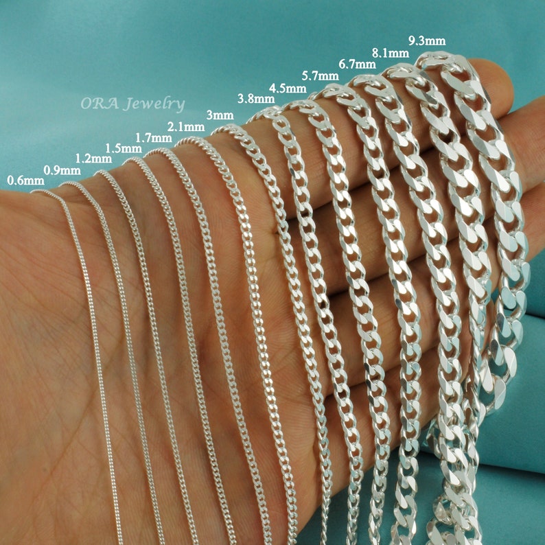 925 Sterling Silver Curb Chain Necklace 0.6mm, 0.9mm, 1.2mm, 1.5mm, 1.7mm, 2.1mm, 3mm, 3.8mm, 4.5mm, 5.7mm, 6.7mm, 8.1mm, 9.3mm image 1