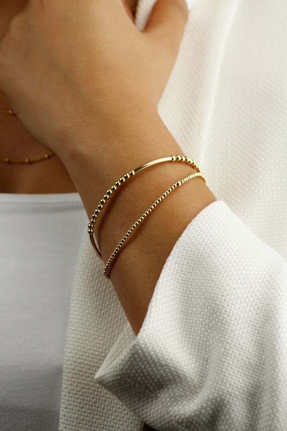 Set Braccialetti Impilabili Con Perline Oro E Perle Finta - Gioielli Elasticizzati A Strati Per Donna, Bracciale Tubo Elegante