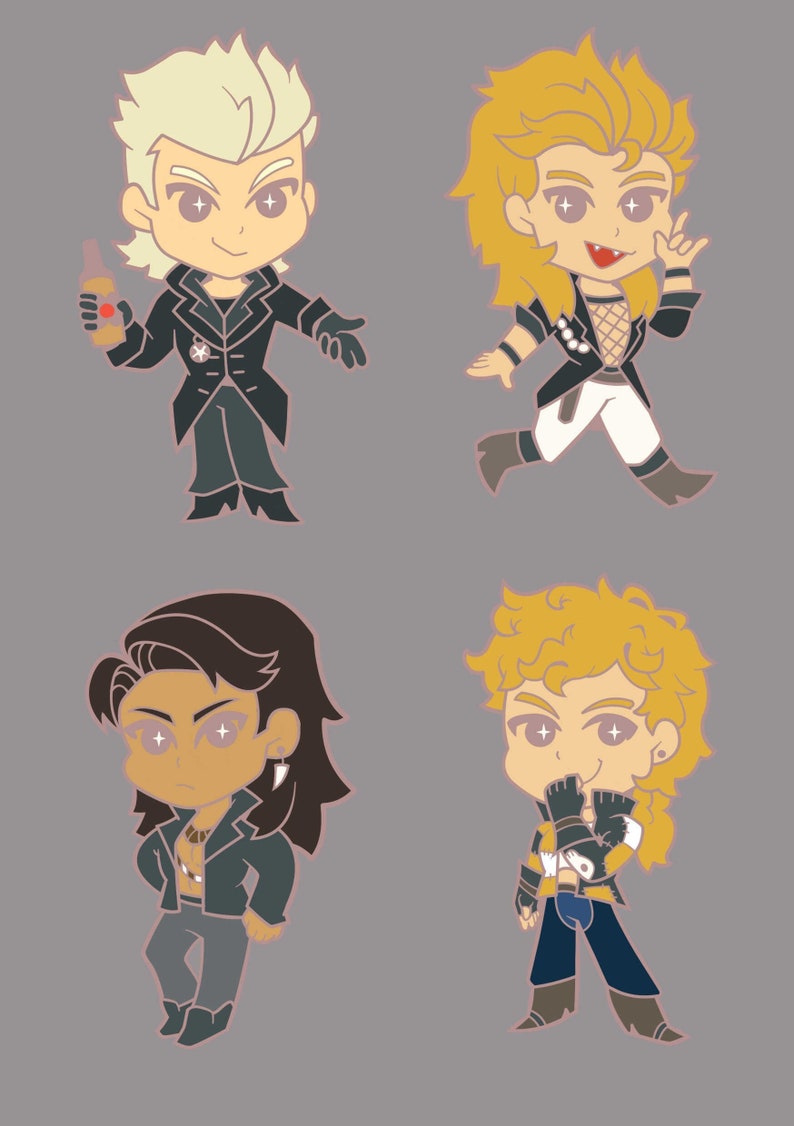 May include: Four cartoon illustrations of characters with stylized features. Each figure has a unique hairstyle and outfit, with a consistent color palette of black, gray, and yellow. One figure holds a bottle, while another makes a rock-and-roll hand gesture.