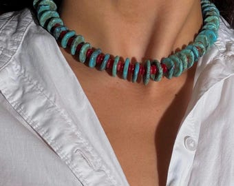 Türkis Magnesit & Rote Jade Disc Bead Halskette, 925 Sterling Silber, Einzigartiges Handgefertigtes Schmuckstück