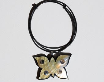 Mosaik Perlmutt & Abalone Schmetterling Halskette, Verstellbare Leder Schnur, Einzigartiger Handgefertigter Schmuck