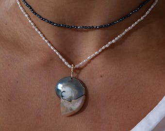Silber Nautilus Shell Anhänger, Reisperlenkette, 14k Gold Filled, einzigartiger handgefertigter Schmuck
