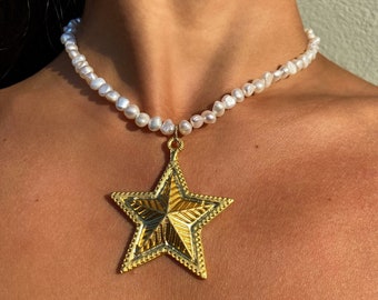 Matte Gold Large Star Pendant Necklace | Genuine Pearl Necklace | Unique Boho Necklace | Statement Necklace | Antique Gold Necklace