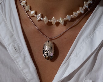 Vintage Puffy Abalone Anhänger Halskette, 925 Sterling Silber, Einzigartiges handgefertigtes Schmuckstück